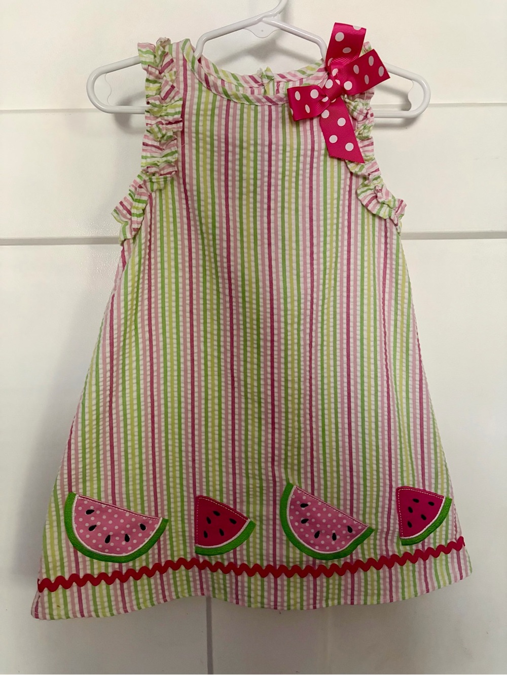 Good Lad Pink & Green Striped Watermelon Dress with Polka Dot Bow